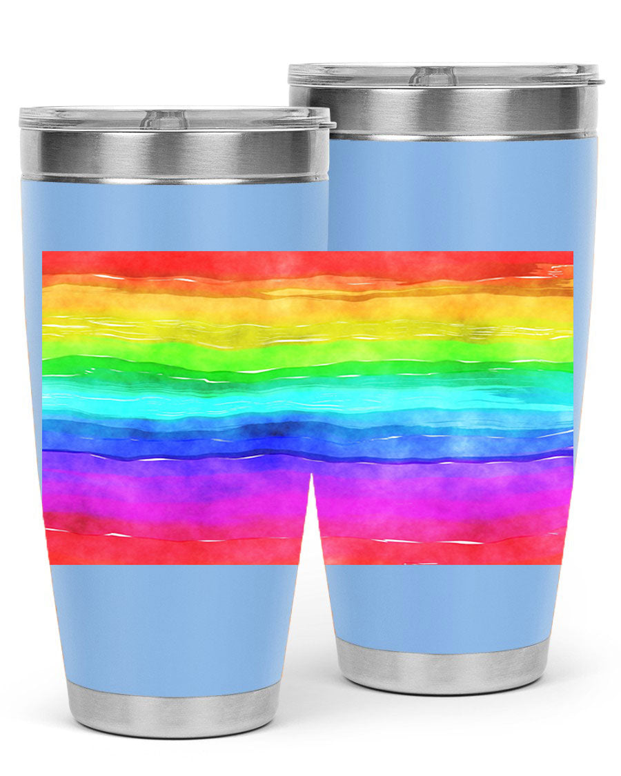Abstract Rainbow 18# LGBT Tumbler showcasing vibrant colors and sleek stainless steel design, perfect for hot and cold beverages.
