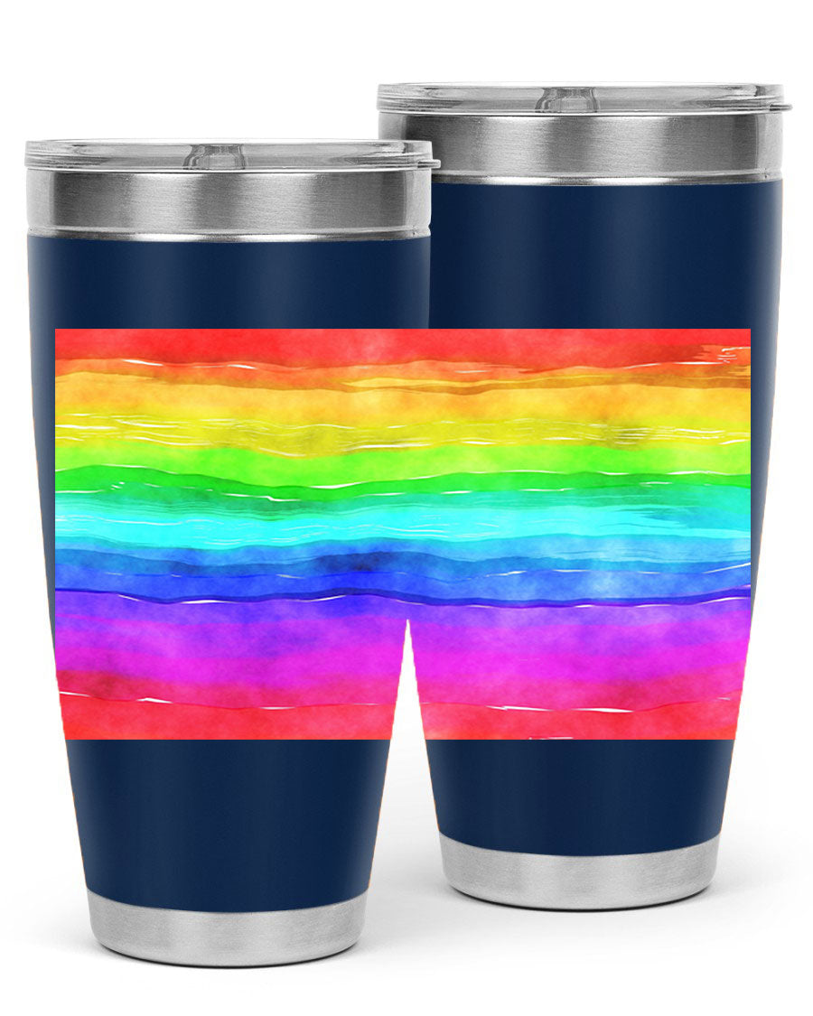 Abstract Rainbow 18# LGBT Tumbler showcasing vibrant colors and sleek stainless steel design, perfect for hot and cold beverages.