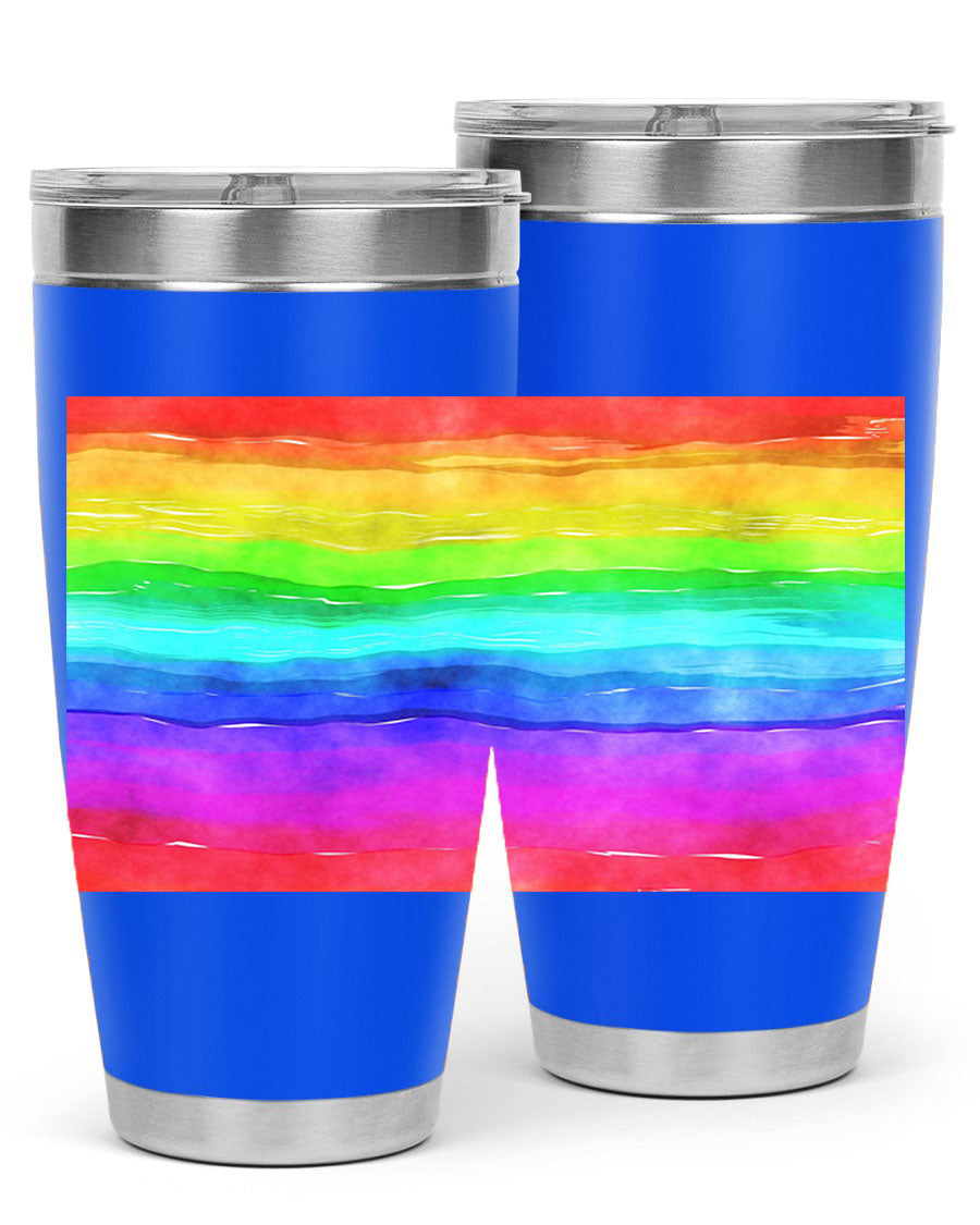 Abstract Rainbow 18# LGBT Tumbler showcasing vibrant colors and sleek stainless steel design, perfect for hot and cold beverages.