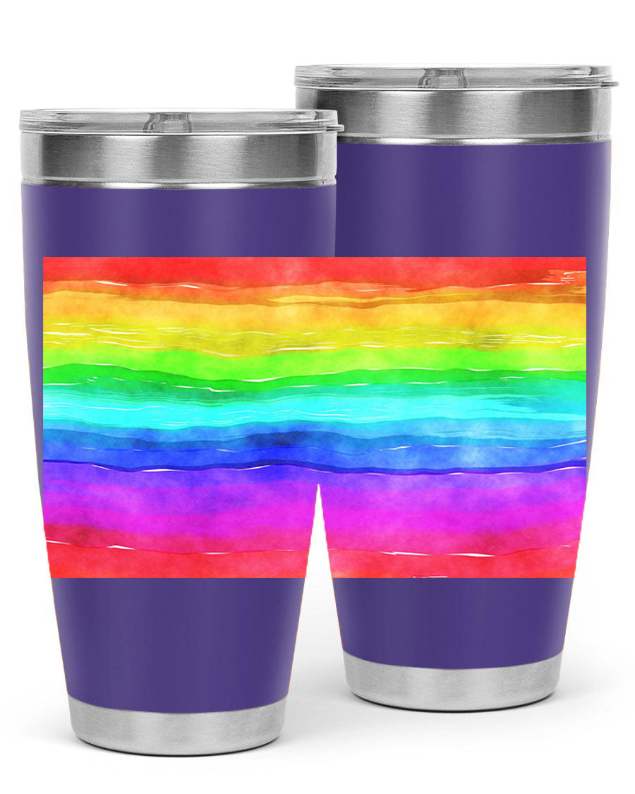 Abstract Rainbow 18# LGBT Tumbler showcasing vibrant colors and sleek stainless steel design, perfect for hot and cold beverages.