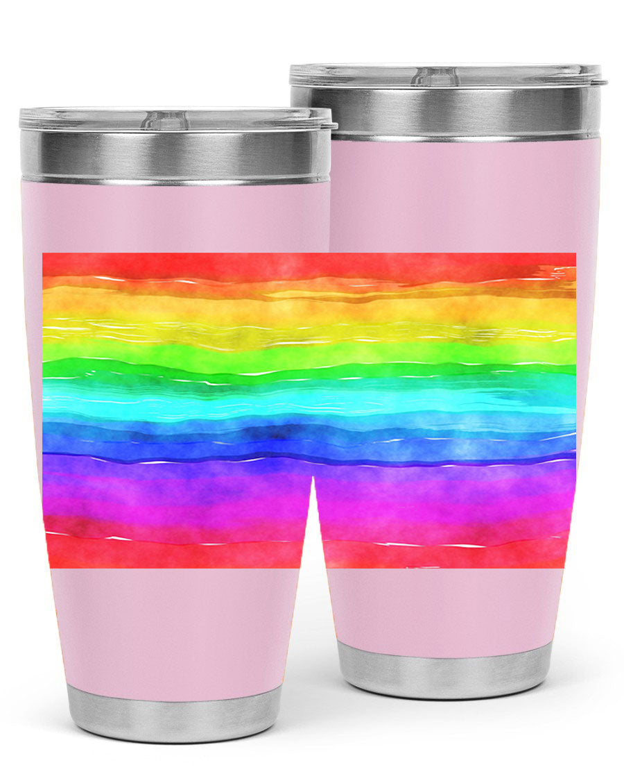 Abstract Rainbow 18# LGBT Tumbler showcasing vibrant colors and sleek stainless steel design, perfect for hot and cold beverages.