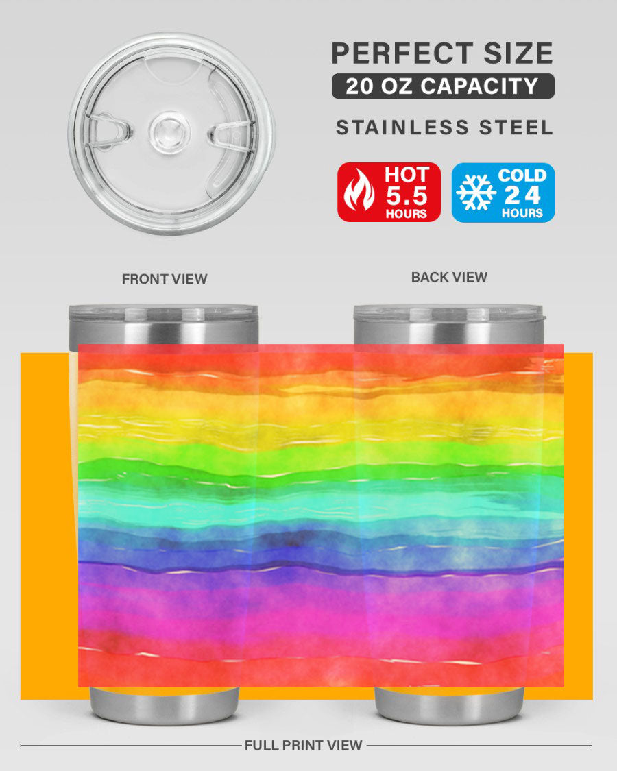 Abstract Rainbow 18# LGBT Tumbler showcasing vibrant colors and sleek stainless steel design, perfect for hot and cold beverages.