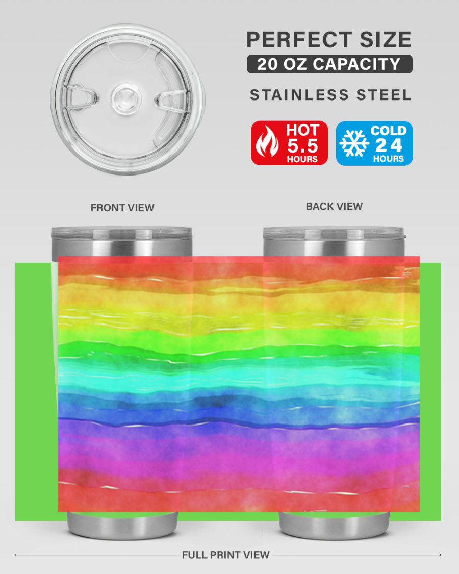 Abstract Rainbow 18# LGBT Tumbler showcasing vibrant colors and sleek stainless steel design, perfect for hot and cold beverages.