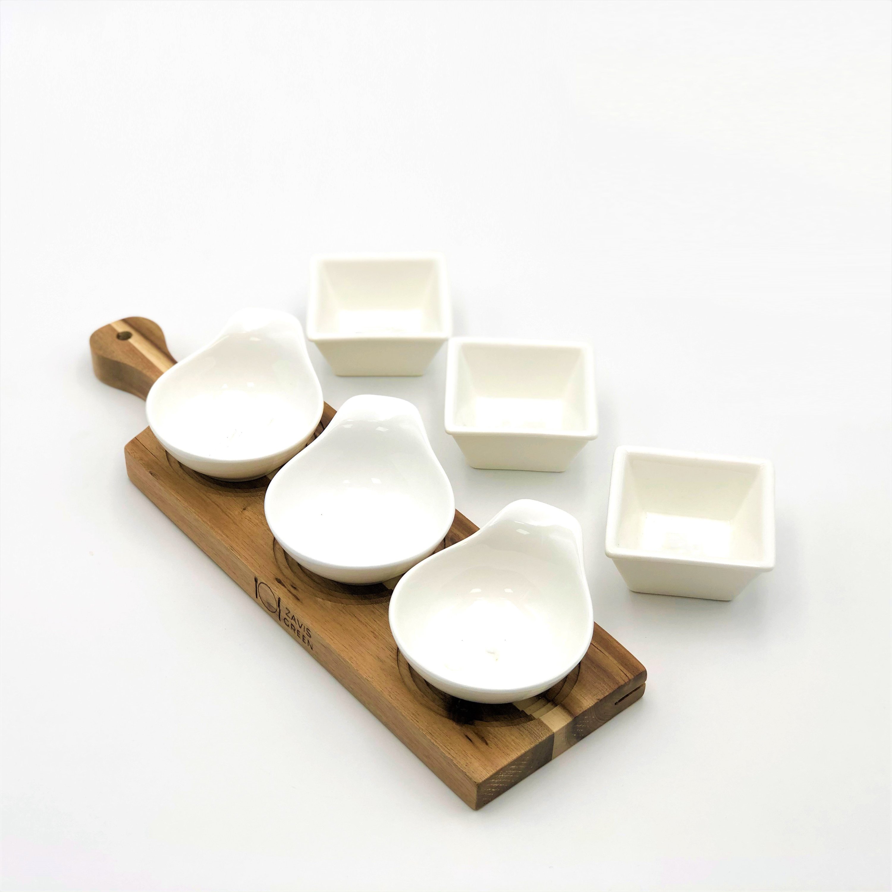 Acacia 3 hole flight board with fine porcelain square and round dishes, showcasing a stylish and functional serving set.