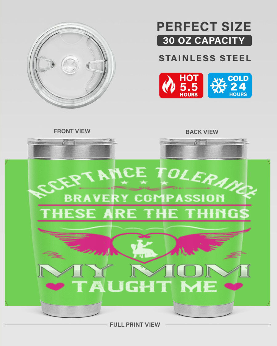 Acceptance Tolerance 96# 20oz Tumbler in stainless steel with a drink-thru lid, showcasing its sleek design and copper lining.