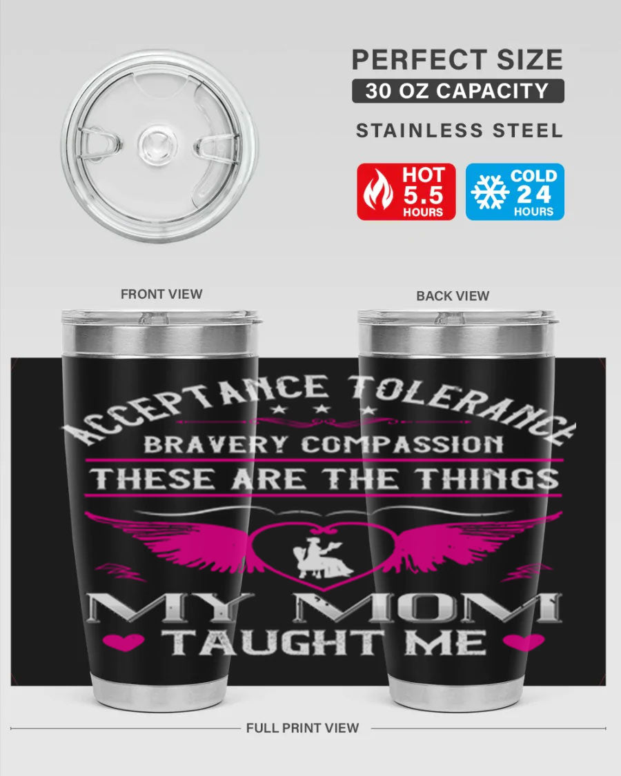 Acceptance Tolerance 96# 20oz Tumbler in stainless steel with a drink-thru lid, showcasing its sleek design and copper lining.