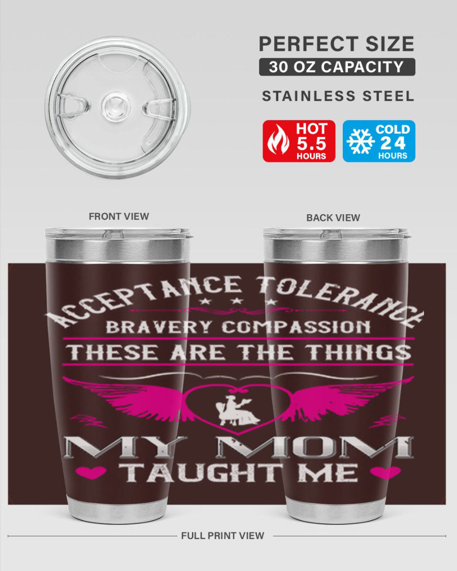 Acceptance Tolerance 96# 20oz Tumbler in stainless steel with a drink-thru lid, showcasing its sleek design and copper lining.