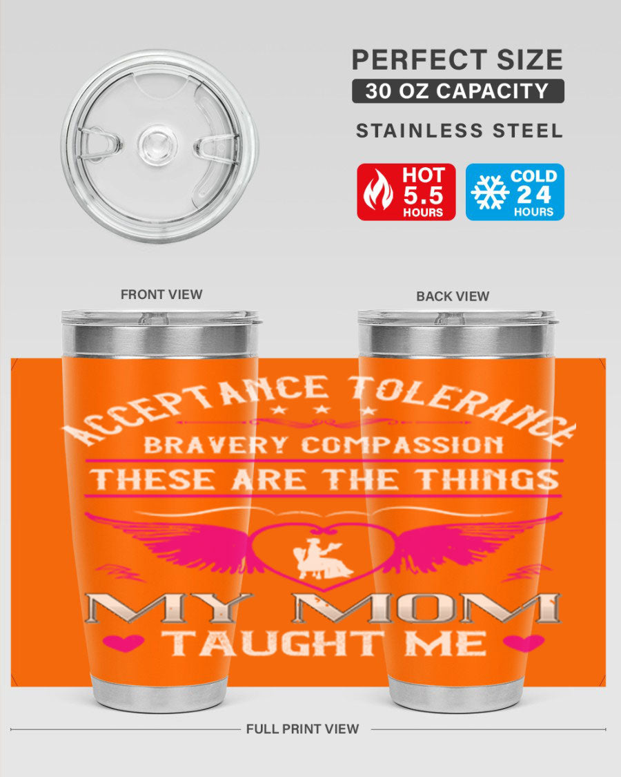 Acceptance Tolerance 96# 20oz Tumbler in stainless steel with a drink-thru lid, showcasing its sleek design and copper lining.