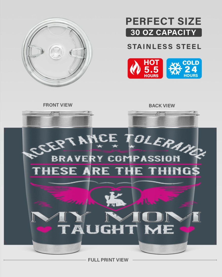 Acceptance Tolerance 96# 20oz Tumbler in stainless steel with a drink-thru lid, showcasing its sleek design and copper lining.