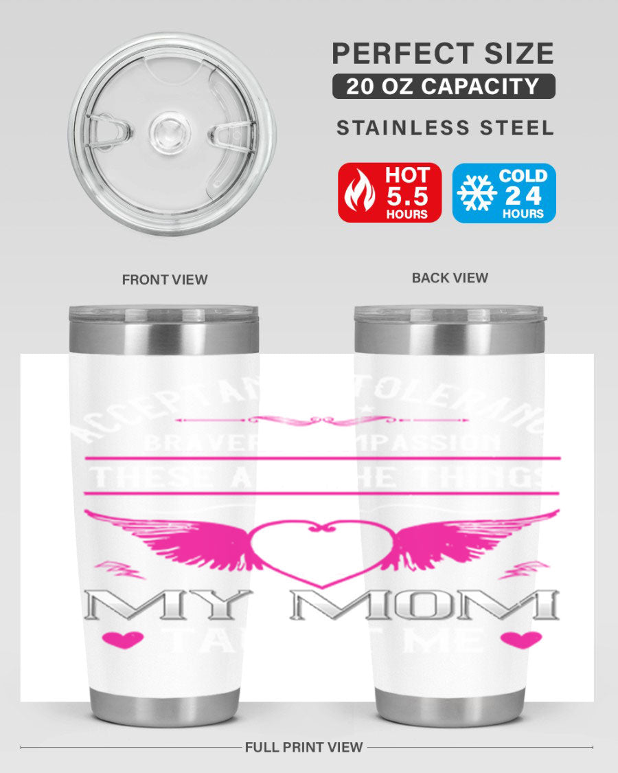 Acceptance Tolerance 96# 20oz Tumbler in stainless steel with a drink-thru lid, showcasing its sleek design and copper lining.