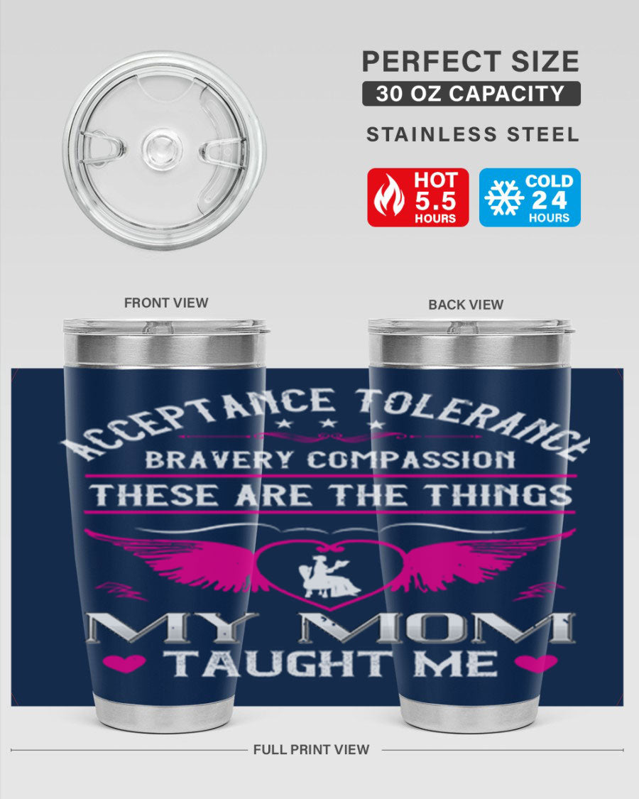 Acceptance Tolerance 96# 20oz Tumbler in stainless steel with a drink-thru lid, showcasing its sleek design and copper lining.