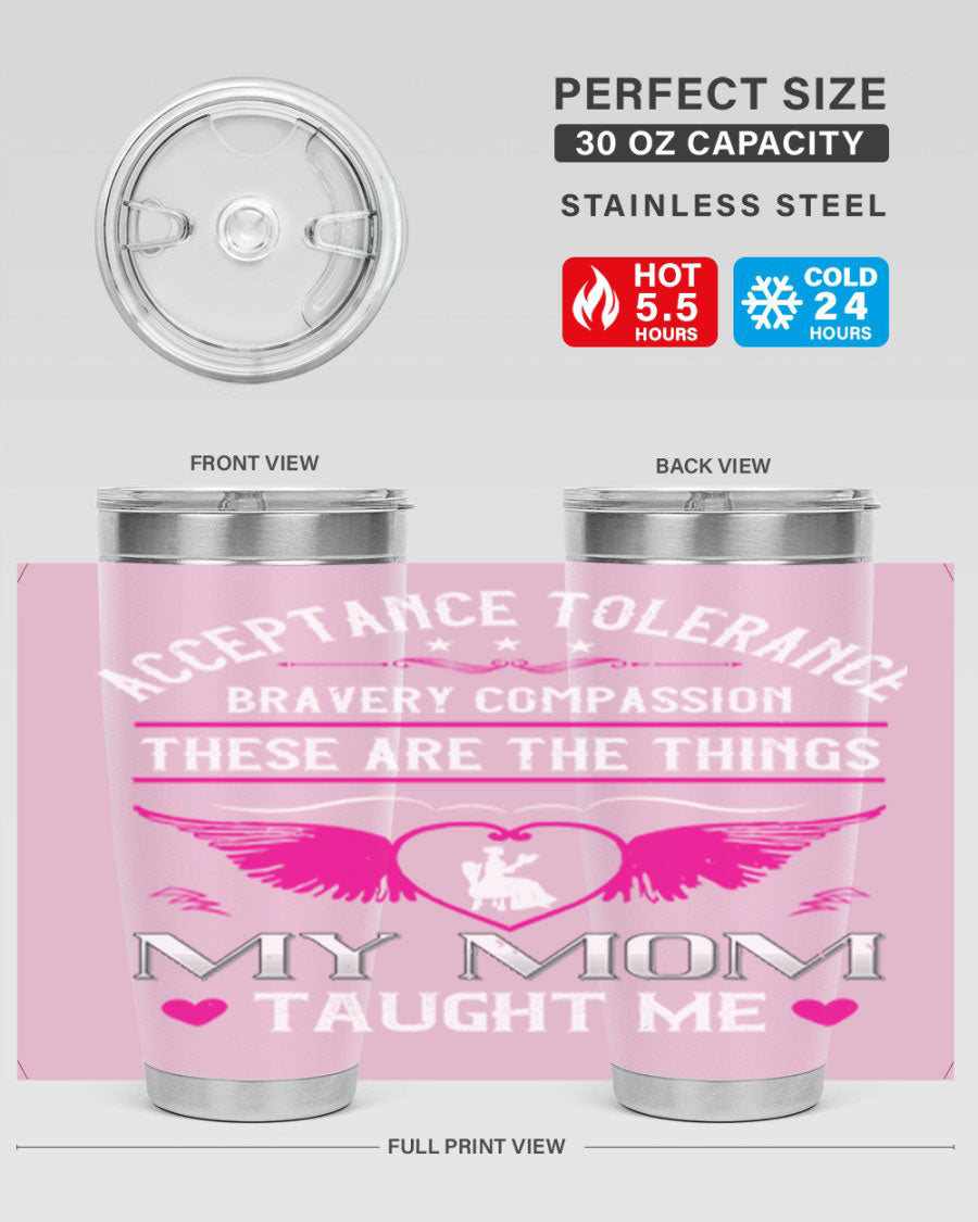 Acceptance Tolerance 96# 20oz Tumbler in stainless steel with a drink-thru lid, showcasing its sleek design and copper lining.