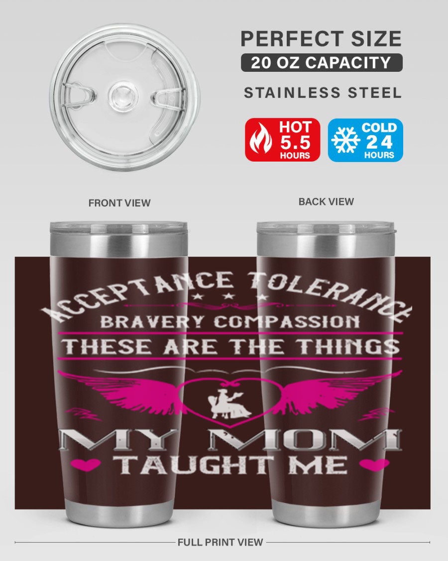 Acceptance Tolerance 96# 20oz Tumbler in stainless steel with a drink-thru lid, showcasing its sleek design and copper lining.