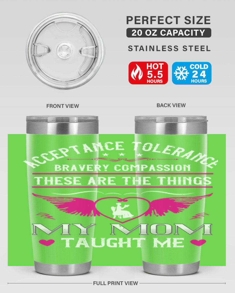 Acceptance Tolerance 96# 20oz Tumbler in stainless steel with a drink-thru lid, showcasing its sleek design and copper lining.