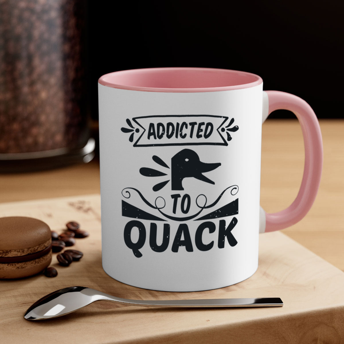 Addicted to Quack Style 39# Mug featuring a glossy finish, colored handle, and interior, available in multiple colors and sizes.