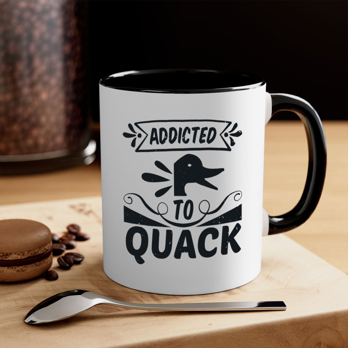 Addicted to Quack Style 39# Mug featuring a glossy finish, colored handle, and interior, available in multiple colors and sizes.