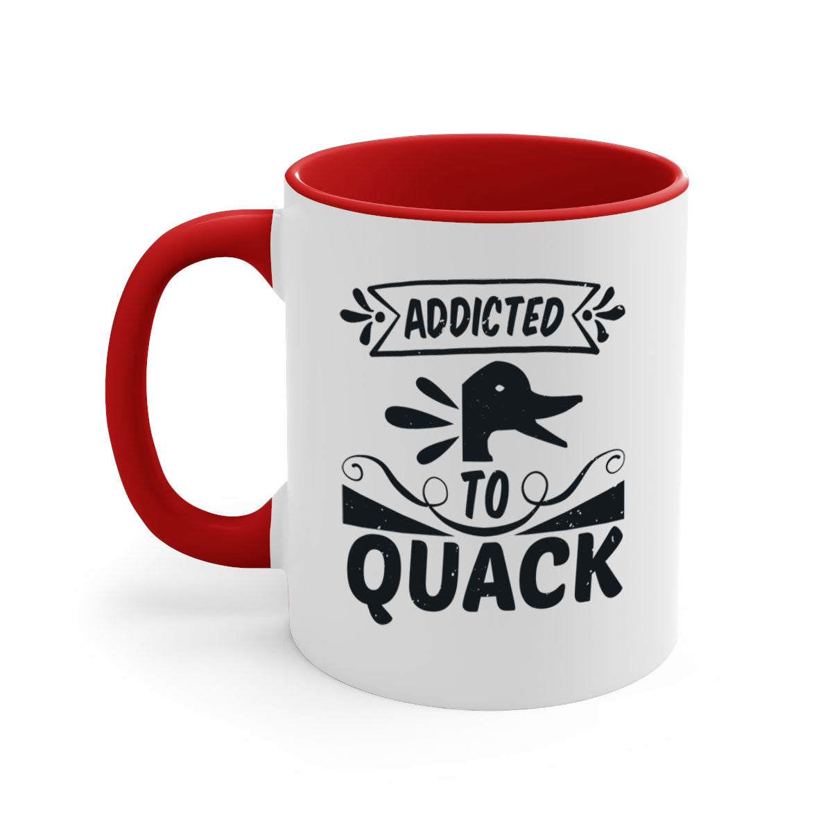 Addicted to Quack Style 39# Mug featuring a glossy finish, colored handle, and interior, available in multiple colors and sizes.