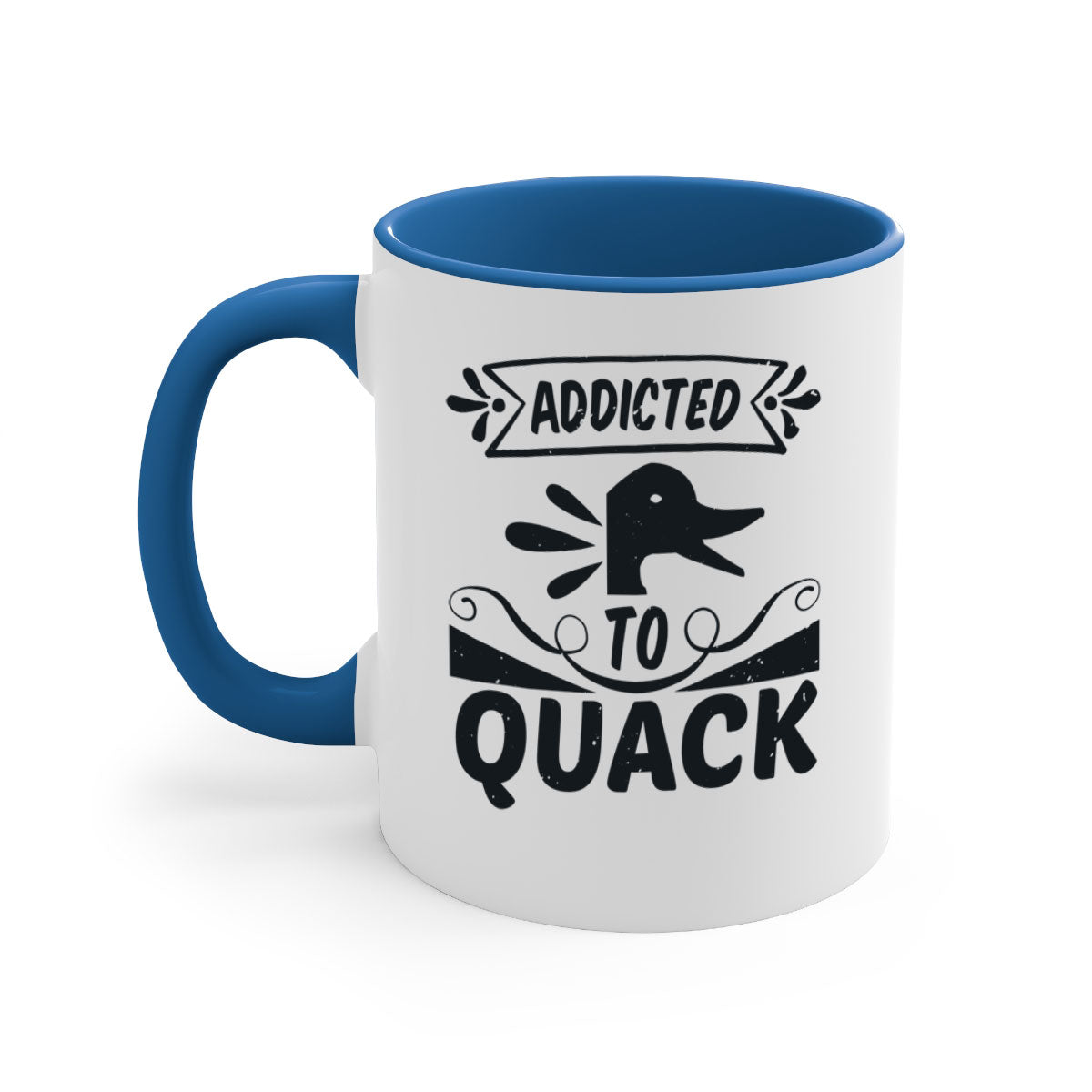 Addicted to Quack Style 39# Mug featuring a glossy finish, colored handle, and interior, available in multiple colors and sizes.