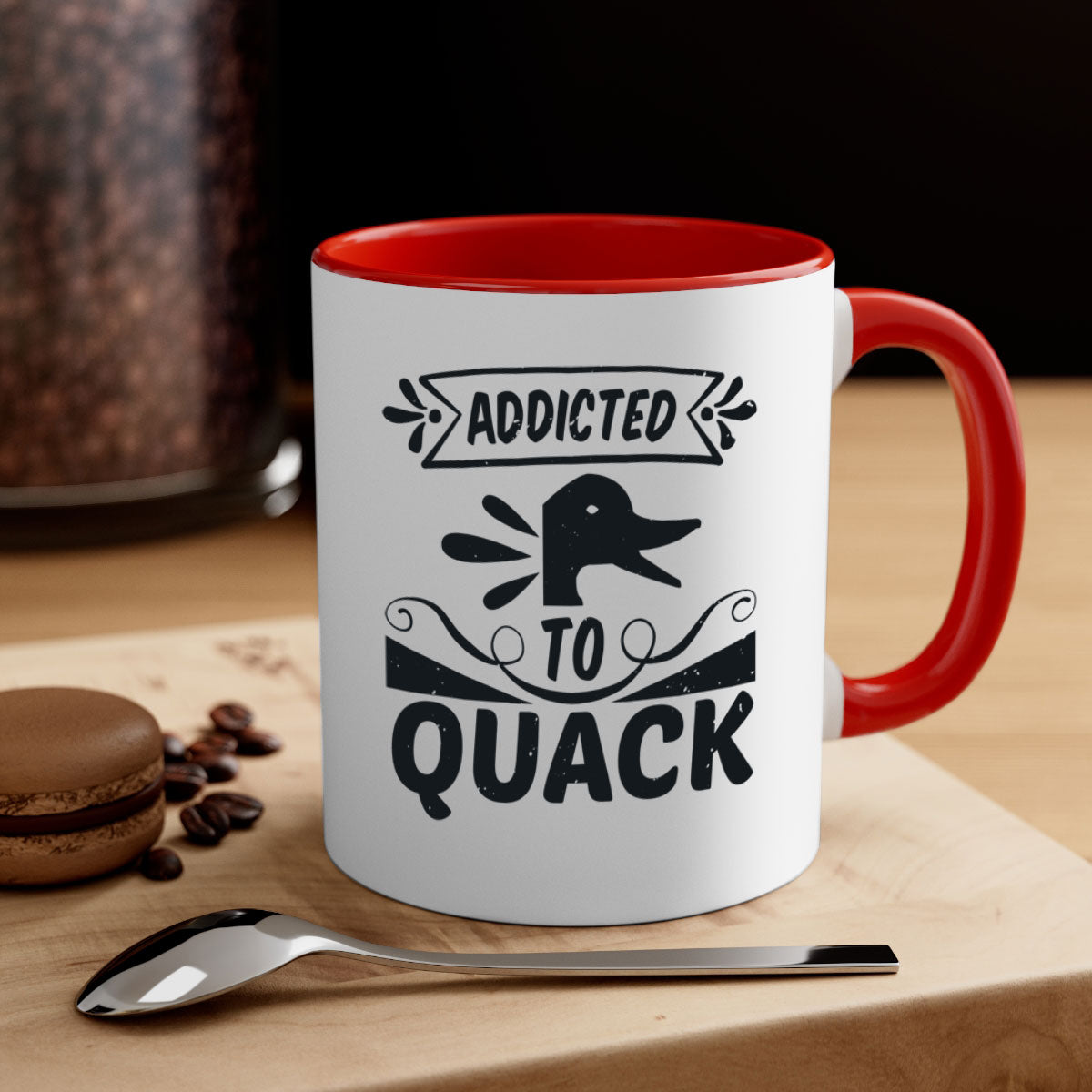 Addicted to Quack Style 39# Mug featuring a glossy finish, colored handle, and interior, available in multiple colors and sizes.
