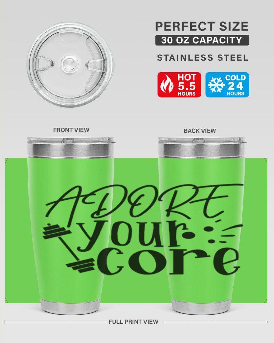 Adore Your Core 53# Gym Tumbler in stainless steel with a drink-thru lid, showcasing its sleek design and double wall insulation.