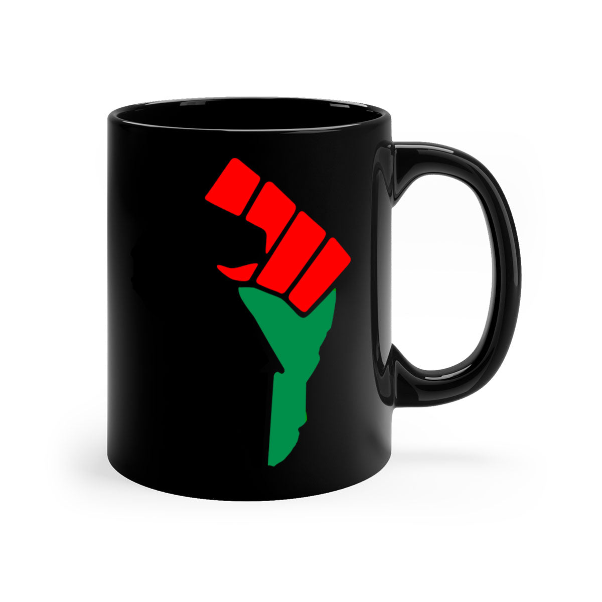 African Power Fist 274# Mug with black words and phrases, featuring a glossy finish and colorful handle.