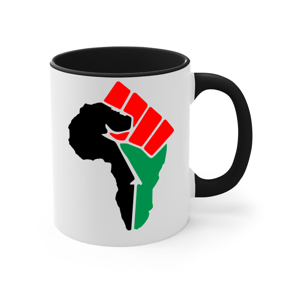 African Power Fist 274# Mug with black words and phrases, featuring a glossy finish and colorful handle.