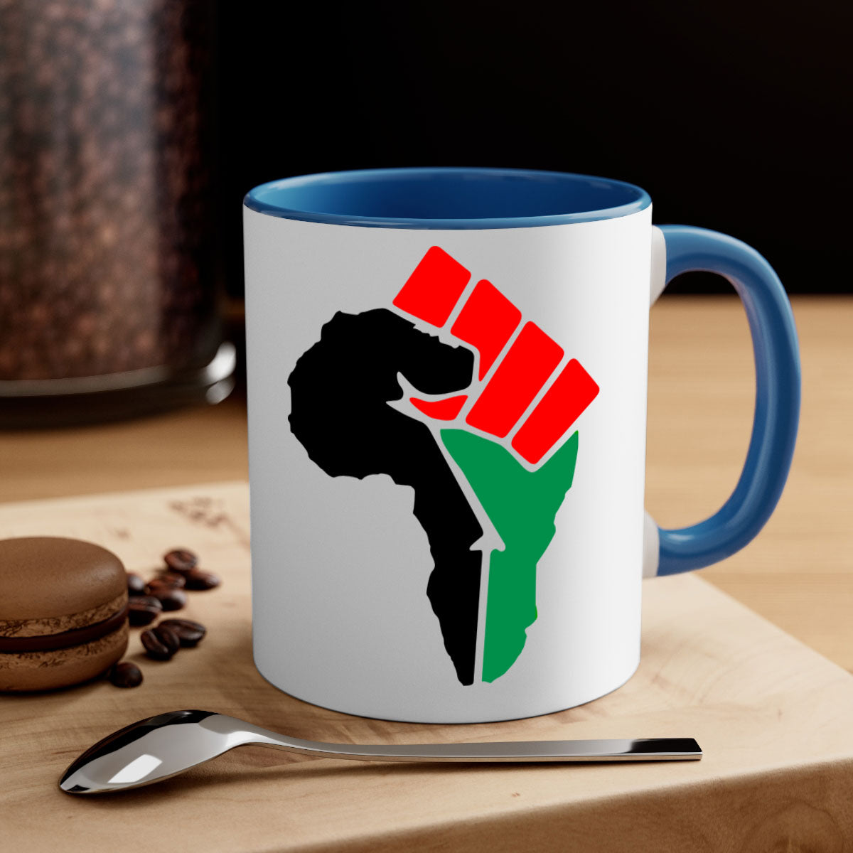 African Power Fist 274# Mug with black words and phrases, featuring a glossy finish and colorful handle.