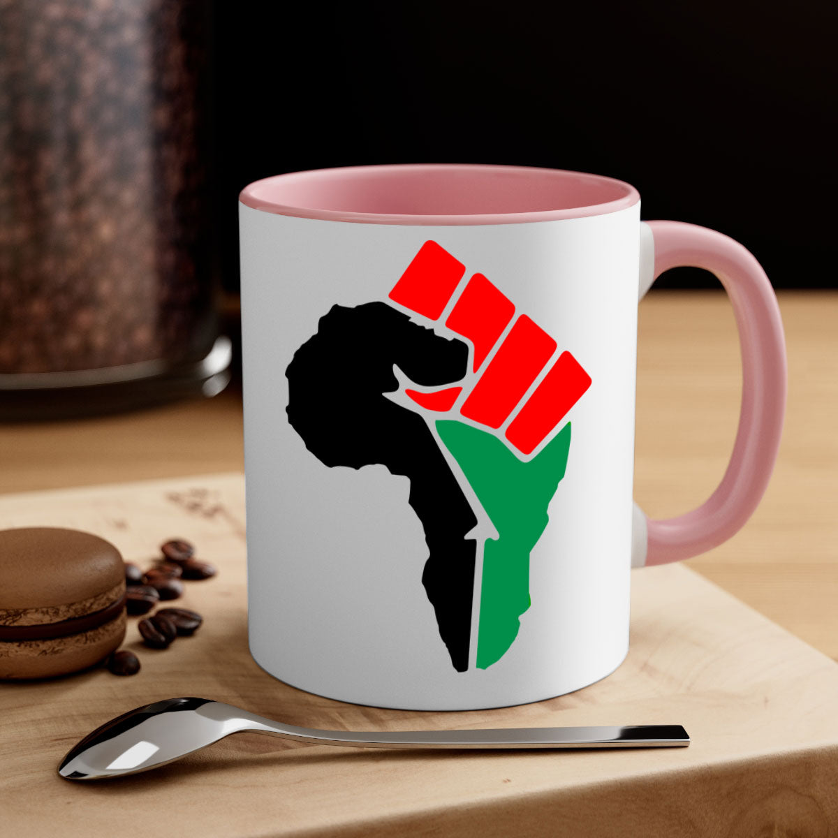 African Power Fist 274# Mug with black words and phrases, featuring a glossy finish and colorful handle.