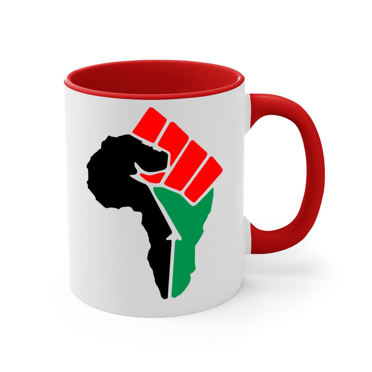 African Power Fist 274# Mug with black words and phrases, featuring a glossy finish and colorful handle.