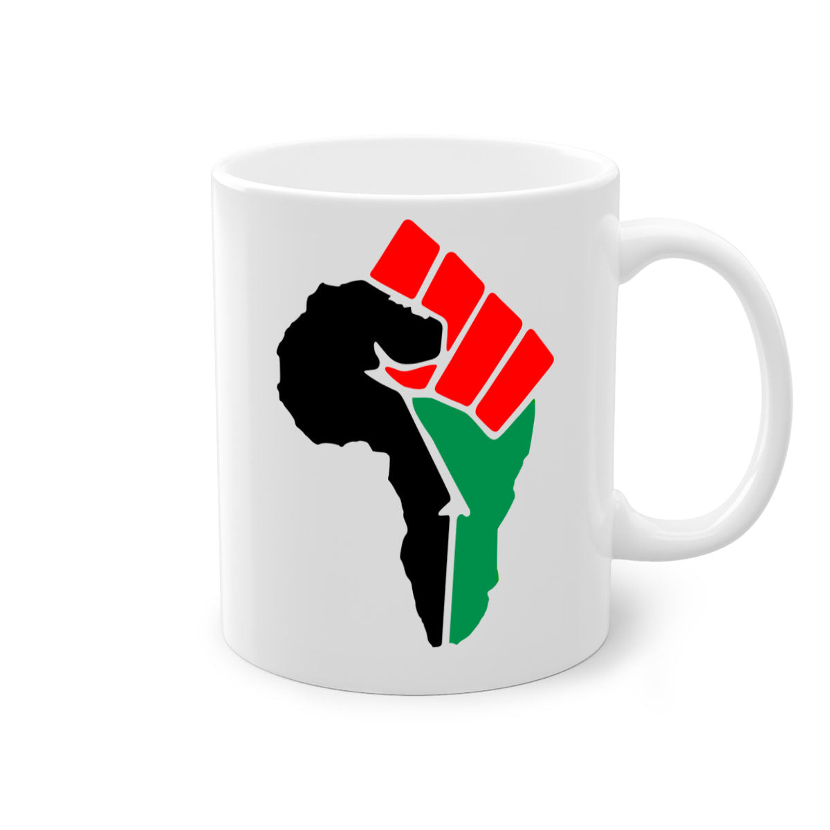 African Power Fist 274# Mug with black words and phrases, featuring a glossy finish and colorful handle.