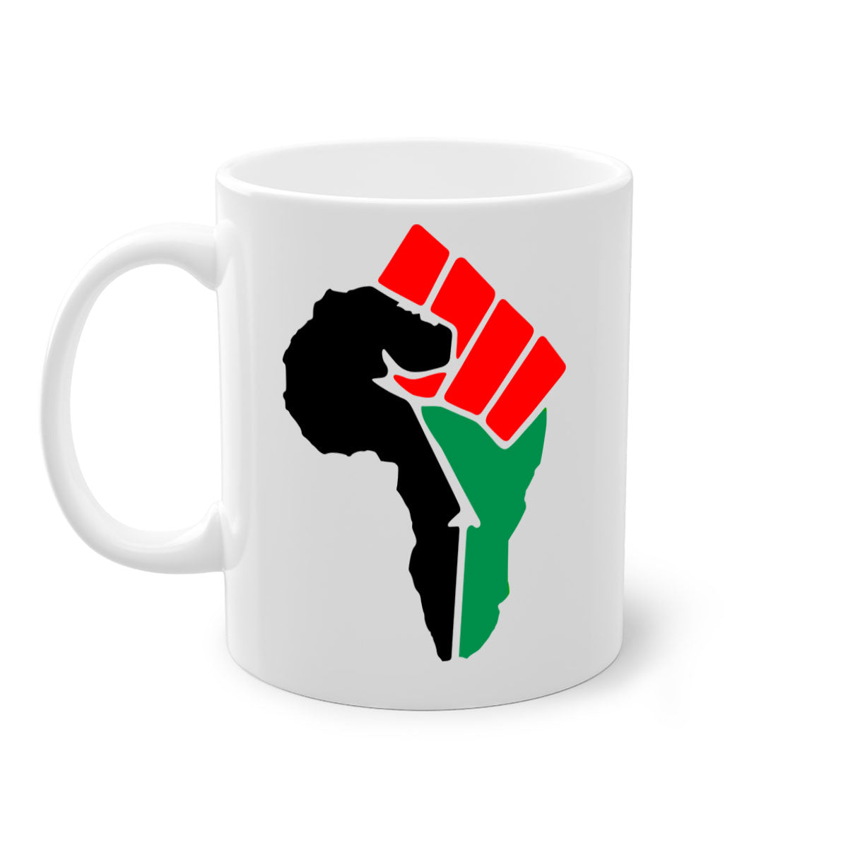 African Power Fist 274# Mug with black words and phrases, featuring a glossy finish and colorful handle.