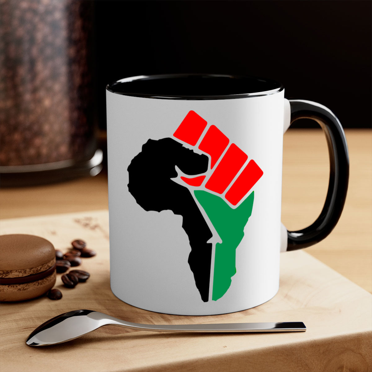 African Power Fist 274# Mug with black words and phrases, featuring a glossy finish and colorful handle.