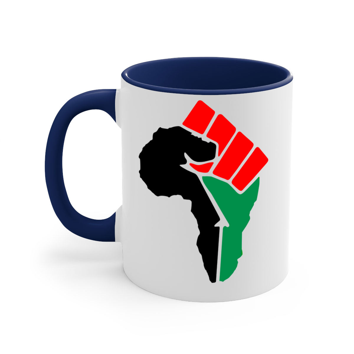 African Power Fist 274# Mug with black words and phrases, featuring a glossy finish and colorful handle.