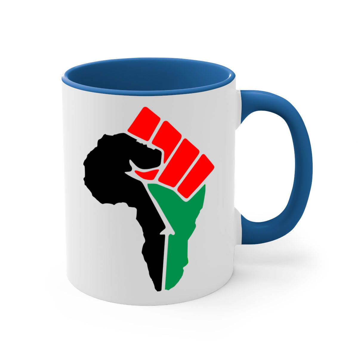 African Power Fist 274# Mug with black words and phrases, featuring a glossy finish and colorful handle.