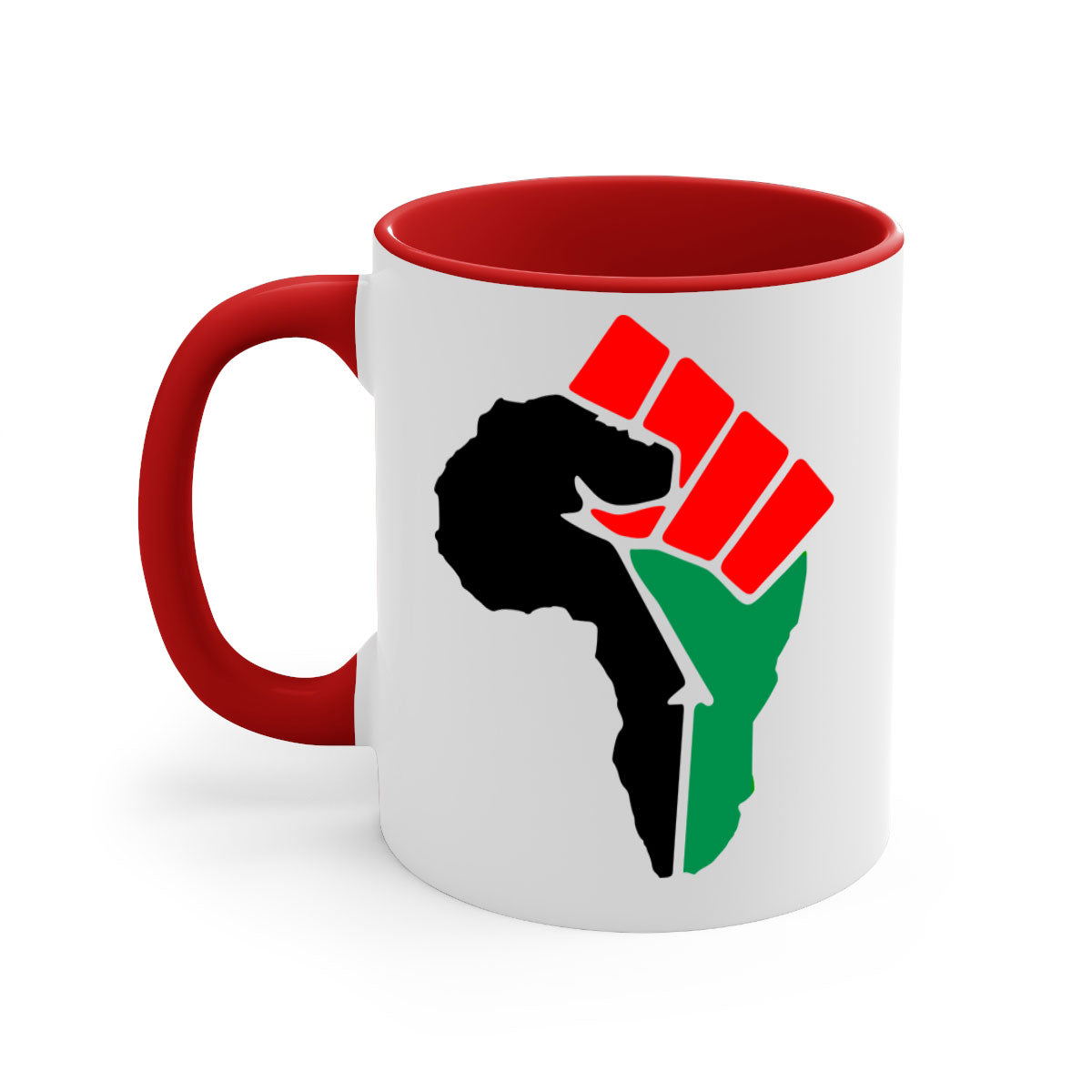 African Power Fist 274# Mug with black words and phrases, featuring a glossy finish and colorful handle.