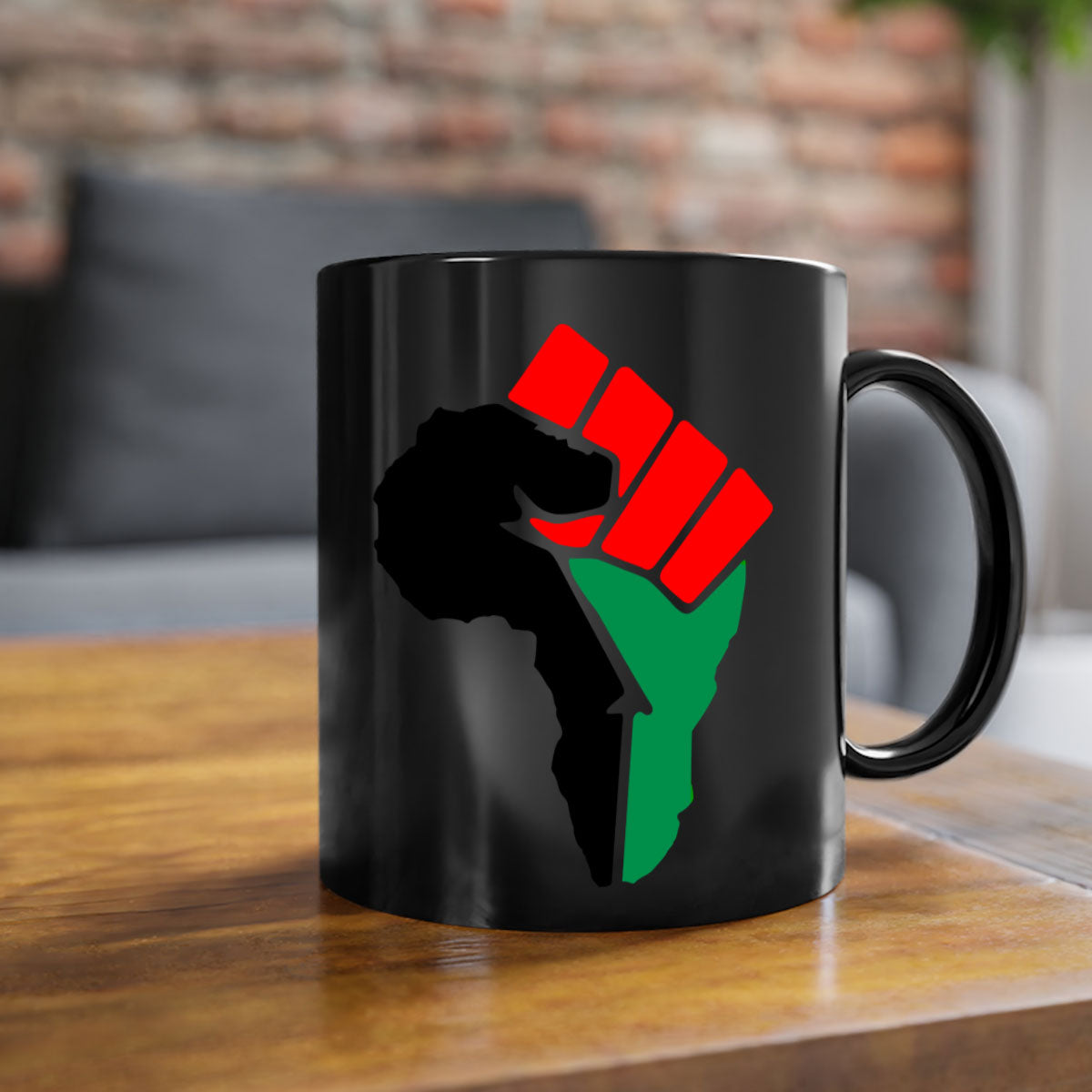 African Power Fist 274# Mug with black words and phrases, featuring a glossy finish and colorful handle.