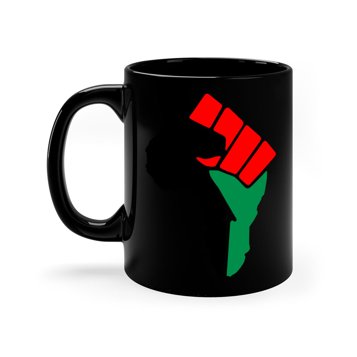 African Power Fist 274# Mug with black words and phrases, featuring a glossy finish and colorful handle.