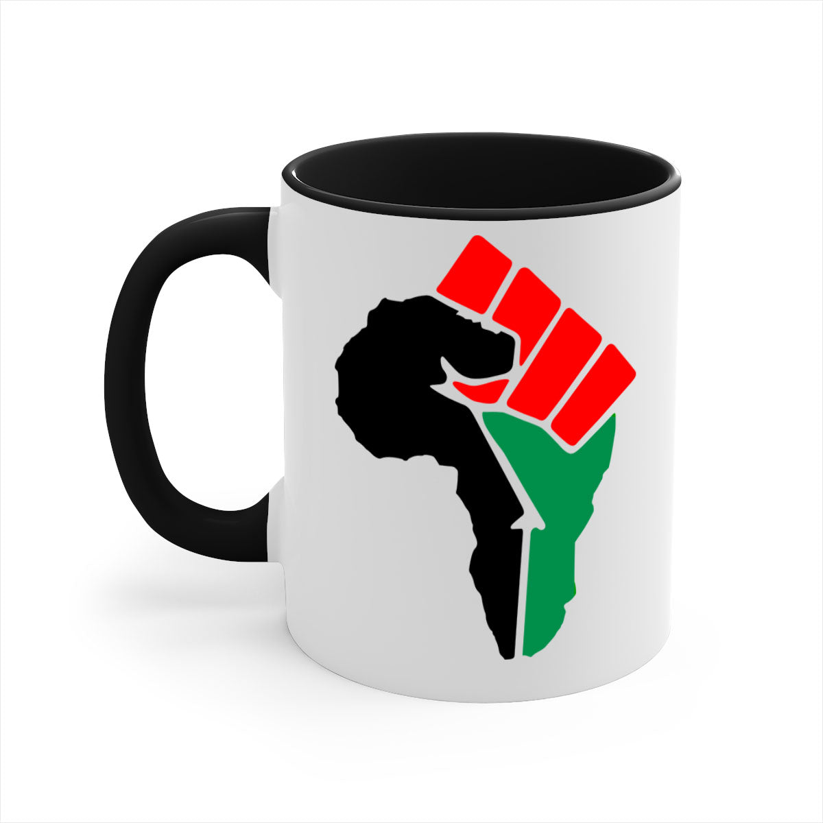 African Power Fist 274# Mug with black words and phrases, featuring a glossy finish and colorful handle.