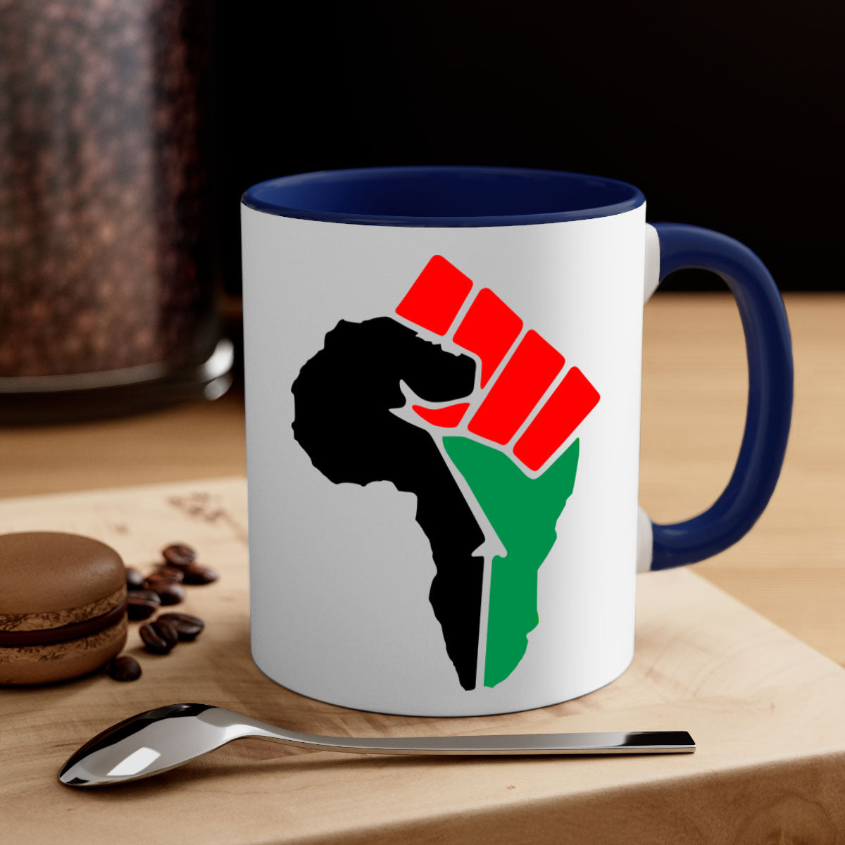 African Power Fist 274# Mug with black words and phrases, featuring a glossy finish and colorful handle.
