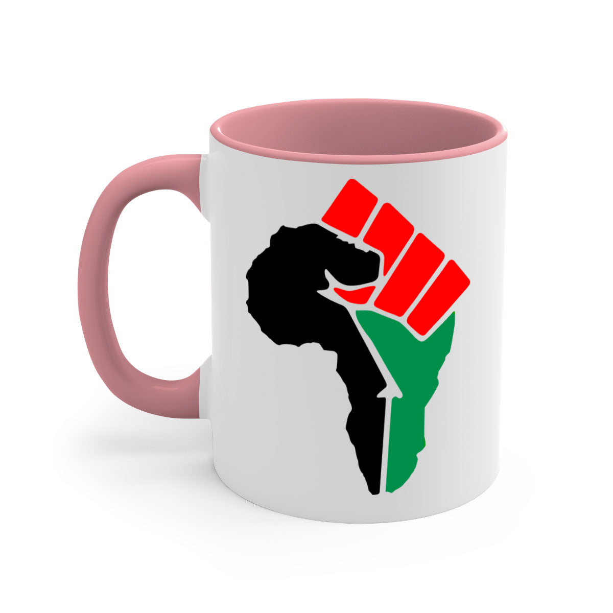 African Power Fist 274# Mug with black words and phrases, featuring a glossy finish and colorful handle.