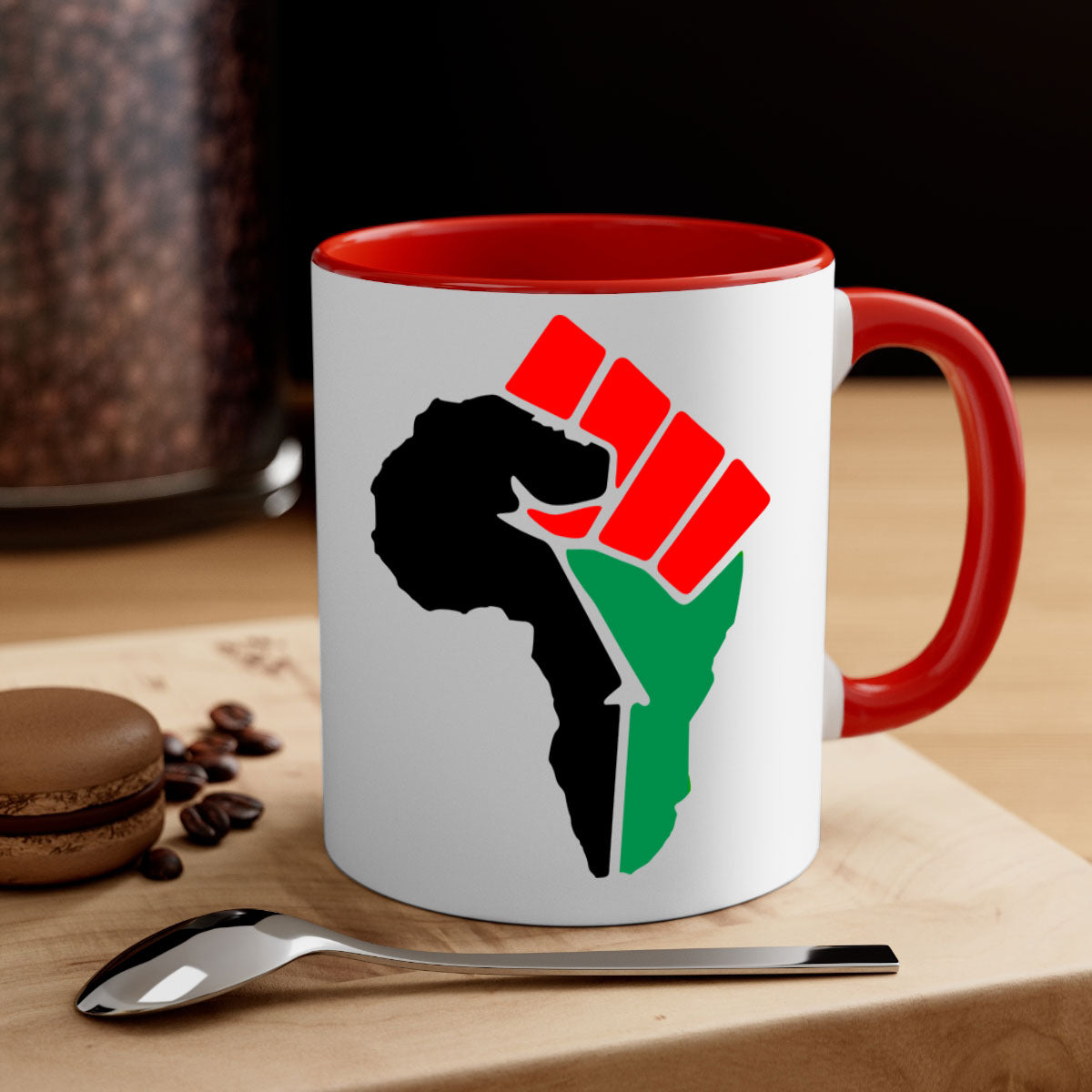 African Power Fist 274# Mug with black words and phrases, featuring a glossy finish and colorful handle.