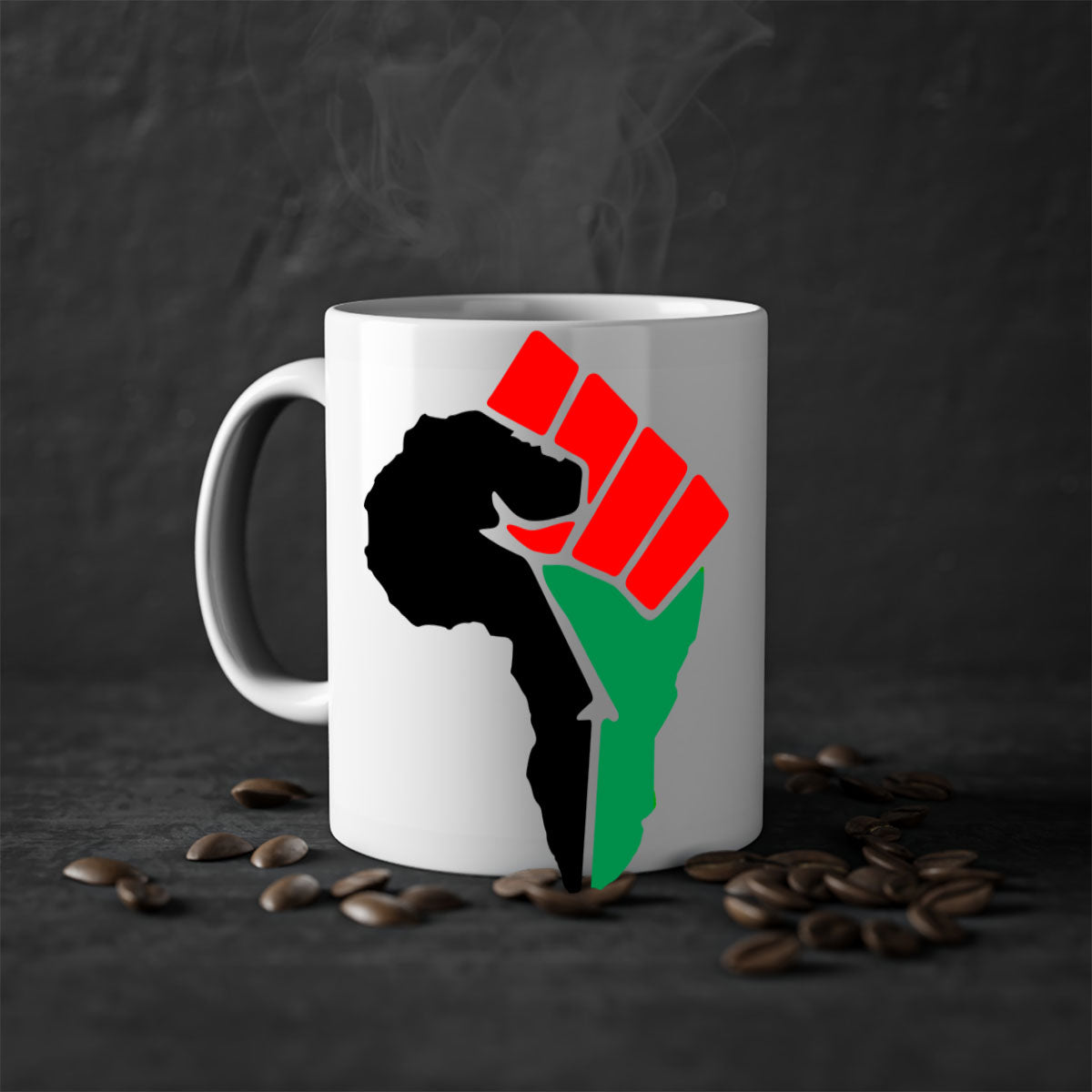 African Power Fist 274# Mug with black words and phrases, featuring a glossy finish and colorful handle.