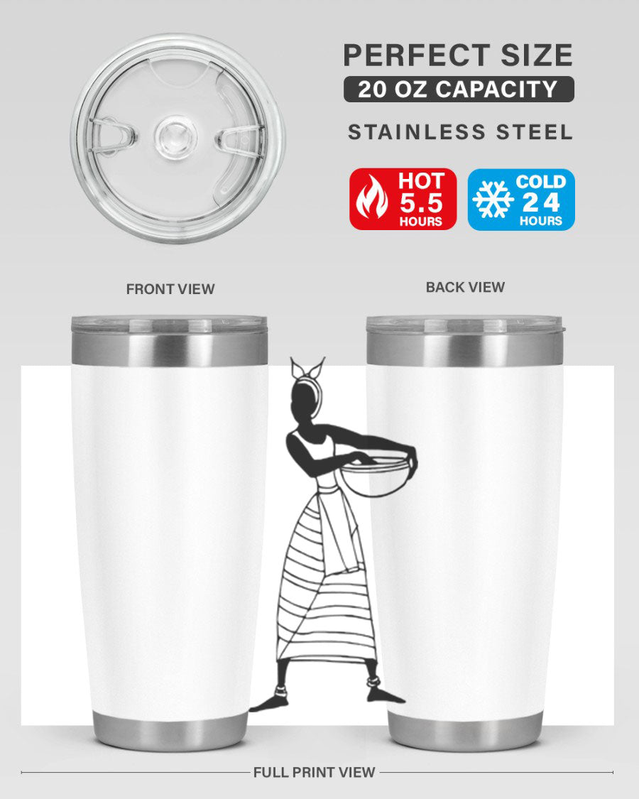 Africanlady 87# Tumbler in 20oz and 30oz sizes, showcasing double wall vacuum stainless steel design with a stylish lid.