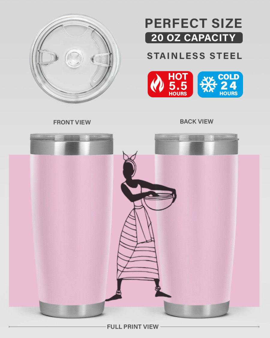 Africanlady 87# Tumbler in 20oz and 30oz sizes, showcasing double wall vacuum stainless steel design with a stylish lid.