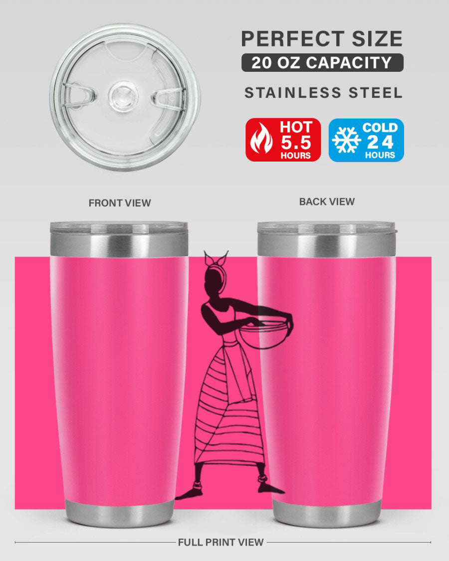 Africanlady 87# Tumbler in 20oz and 30oz sizes, showcasing double wall vacuum stainless steel design with a stylish lid.