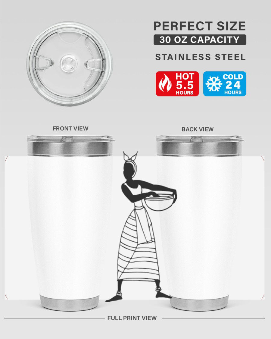 Africanlady 87# Tumbler in 20oz and 30oz sizes, showcasing double wall vacuum stainless steel design with a stylish lid.