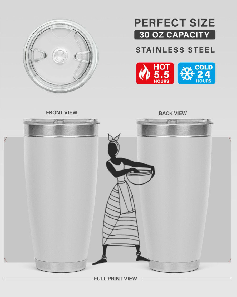 Africanlady 87# Tumbler in 20oz and 30oz sizes, showcasing double wall vacuum stainless steel design with a stylish lid.