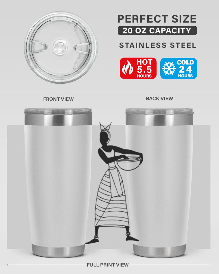 Africanlady 87# Tumbler in 20oz and 30oz sizes, showcasing double wall vacuum stainless steel design with a stylish lid.