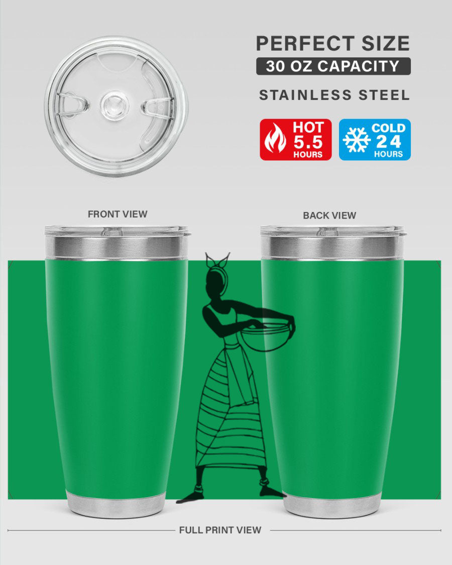 Africanlady 87# Tumbler in 20oz and 30oz sizes, showcasing double wall vacuum stainless steel design with a stylish lid.