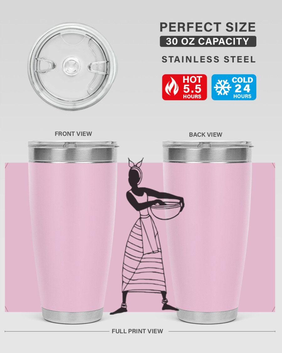 Africanlady 87# Tumbler in 20oz and 30oz sizes, showcasing double wall vacuum stainless steel design with a stylish lid.